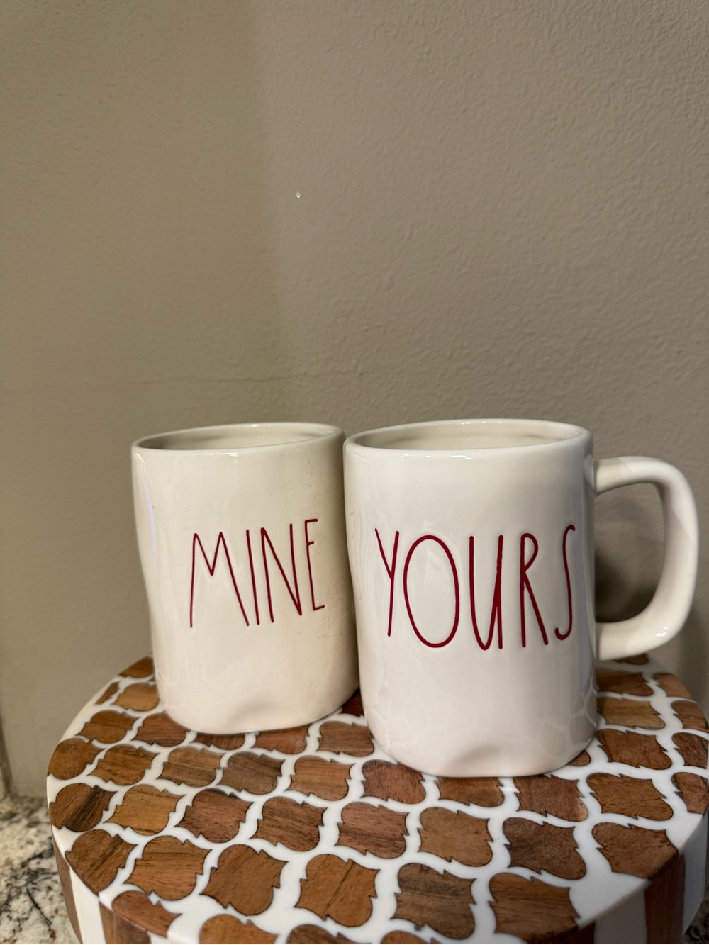 Rae Dunn Mine & Yours White Ceramic Mug Set with Red Lettering